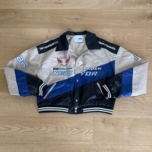 Fashion Nova Bomber Jacket Faux LeatherNY Rider Size L Beige Black Blue